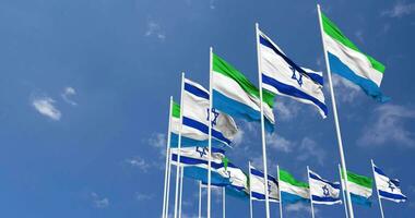 Sierra Leone en Israël vlaggen golvend samen in de lucht, naadloos lus in wind, ruimte Aan links kant voor ontwerp of informatie, 3d renderen video