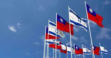 Taiwan and Israel Flags Waving Together in the Sky, Seamless Loop in Wind, Space on Left Side for Design or Information, 3D Rendering video