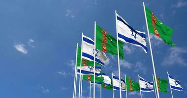 Turkmenistan and Israel Flags Waving Together in the Sky, Seamless Loop in Wind, Space on Left Side for Design or Information, 3D Rendering video