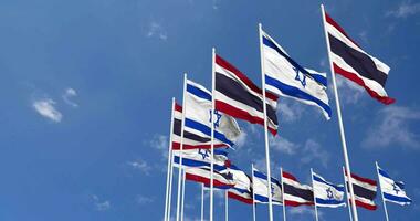 Thailand and Israel Flags Waving Together in the Sky, Seamless Loop in Wind, Space on Left Side for Design or Information, 3D Rendering video