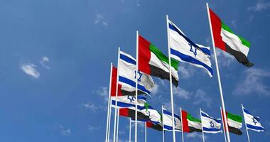 United Arab Emirates and Israel Flags Waving Together in the Sky, Seamless Loop in Wind, Space on Left Side for Design or Information, 3D Rendering video