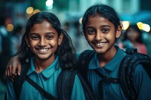 ai generado dos joven muchachas en pie siguiente a cada otro, ambos sonriente y que lleva mochilas ellos parecer a ser disfrutando un momento, posiblemente antes de o después escuela. foto