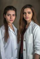 AI generated two women standing side by side, both wearing white lab coats. They appear to be in a professional setting, possibly a laboratory or a scientific environment. photo