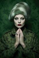 a woman wearing a military uniform, kneeling down and clasping her hands together. She is also wearing a fur hat, which adds an element of warmth and style to her appearance. The woman's attire and posture give off a strong, focused, and determined vibe. photo