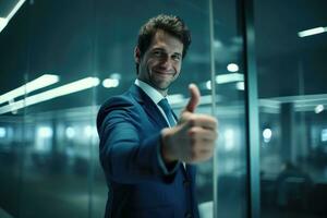 a man in a suit and tie enthusiastically giving a thumbs up sign. He is wearing a blue tie, which adds to his professional appearance. The man seems to be in an office or a business setting, as there is a chair and a dining table in the room. photo