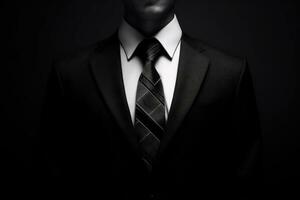 a man in a suit and tie, captured in a dark environment. He appears to be confident and poised, possibly preparing for a business presentation or attending a formal event. The shadows surrounding him add an air of mystery and emphasize the seriousness of photo