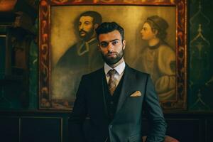 a well-dressed man in a suit standing next to a historical painting. The man is wearing a tie, giving off a formal and professional appearance. The setting suggests a blend of modern business attire and an old-fashioned backdrop, creating an interesting c photo