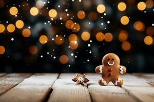 AI generated Gingerbread man and star anise on wooden table with bokeh background photo