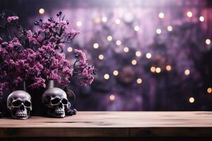 AI generated Skulls and flowers in vase on wooden table with bokeh background photo