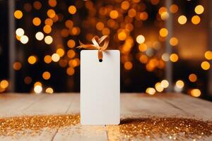 AI generated Blank price tag on wooden table with bokeh lights background photo