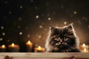 AI generated Persian cat on wooden table with candles and bokeh background photo