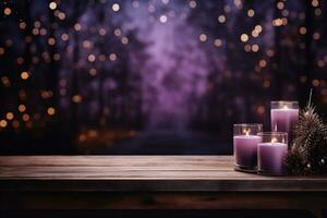 AI generated Candles on wooden table in front of blurred bokeh background photo