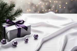 AI generated Christmas gift with purple bow on white silk background with bokeh photo
