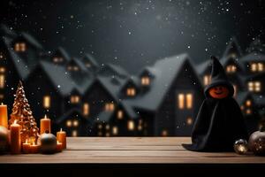 AI generated Halloween holiday concept with wooden table over dark background with copy space photo