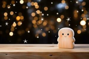 AI generated Christmas greeting card with wooden toy angel over bokeh lights background photo