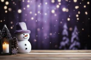 AI generated Snowman with candle and christmas decoration on wooden table with bokeh background photo