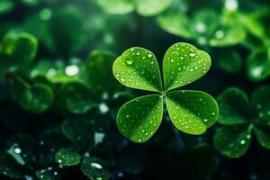 AI generated Green clover leaf with water drops on dark background. St. Patrick's day concept. photo