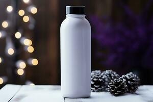 AI generated Mockup of cosmetic bottle on a Christmas background. photo