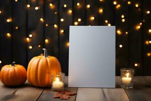 AI generated Blank card with pumpkins and candles on wooden table against blurred lights photo