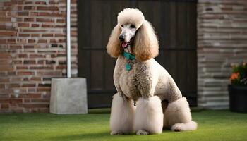 AI generated Gorgeous young red apricot standard poodle, outdoors photo