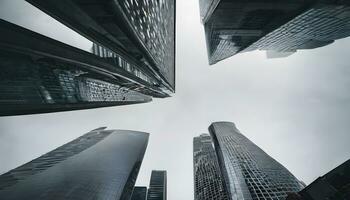 AI generated skyscrapers seen from below against a blue sky photo