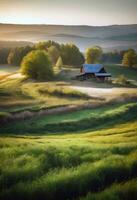 AI generated peaceful landscape with a rustic house photo