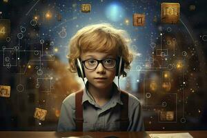 AI generated The child does his homework using a laptop. Visualization of thought. The use of gadgets by children, the benefits of electronic devices photo