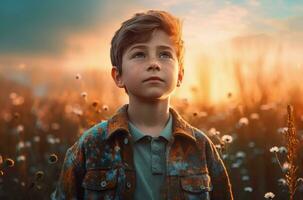AI generated Boy in wild nature field with mischievous grin. Generate ai photo