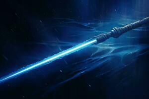 AI generated Blue shiny lightsaber in darkness. Generate ai photo