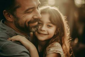 ai generado sonriente hija abrazando su contento papá. generar ai foto