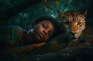 ai generado oscuro selva retrato de pequeño chico con leopardo. generar ai foto