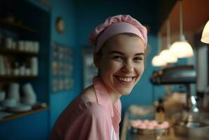 AI generated Girl in pink uniform pastry shop seller. Generate ai photo