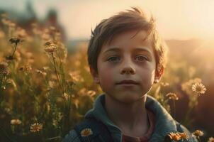 AI generated Boy in floral field with mischievous grin. Generate ai photo