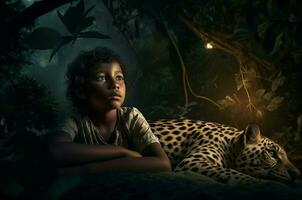 AI generated Dark jungle nature with boy and leopard. Generate ai photo