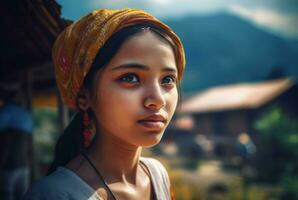 AI generated Nepali village girl with headscarf. Generate ai photo