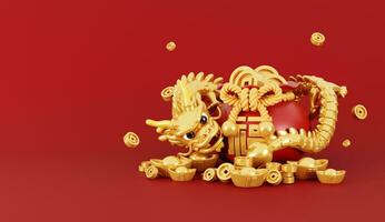 3d render of golden dragon standing on money bag full of coins and ingots for Happy Chinese new year 2024 on red background. photo