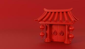 3d render of Red Chinese temple gate with lanterns for Happy Chinese new year 2024 on red background. photo