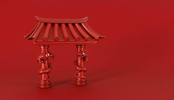 3d render of Red Chinese gate with red dragon on pole for Happy Chinese new year 2024 on red background. photo