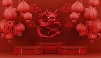 3d render of Red Dragon floating on podium with lanterns for Happy Chinese new year 2024 on red background. photo
