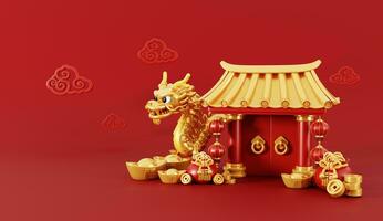 3d render of Chinese gate with golden dragon and money bag full of coins and ingots for Happy Chinese new year 2024 on red background. photo