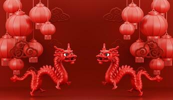 3d render for Happy Chinese new year 2024 of dragon zodiac with lanterns and cloud on red background. photo