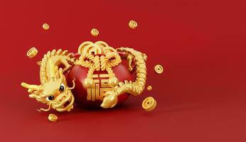 3d render of golden dragon standing on money bag full of coins for Happy Chinese new year 2024 on red background. photo