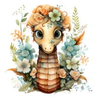 ai gegenereerd schattig zeepaardje en bloemen waterverf clip art illustratie png