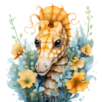 ai genererad söt sjöhäst och blommor vattenfärg ClipArt illustration png