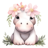 AI generated Cute Hippo And Flowers Watercolor Clipart Illustration png