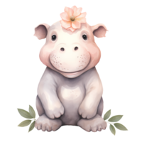 ai généré mignonne hippopotame et fleurs aquarelle clipart illustration png