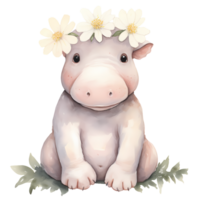 ai généré mignonne hippopotame et fleurs aquarelle clipart illustration png