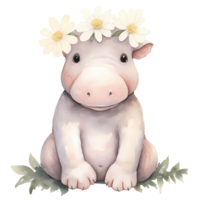 ai generiert süß Nilpferd und Blumen Aquarell Clip Art Illustration png