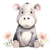 ai généré mignonne hippopotame et fleurs aquarelle clipart illustration png
