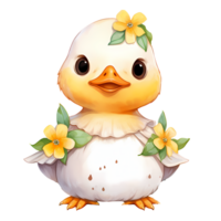 AI generated Cute Baby Duck With Flowers Watercolor Clipart Illustration png